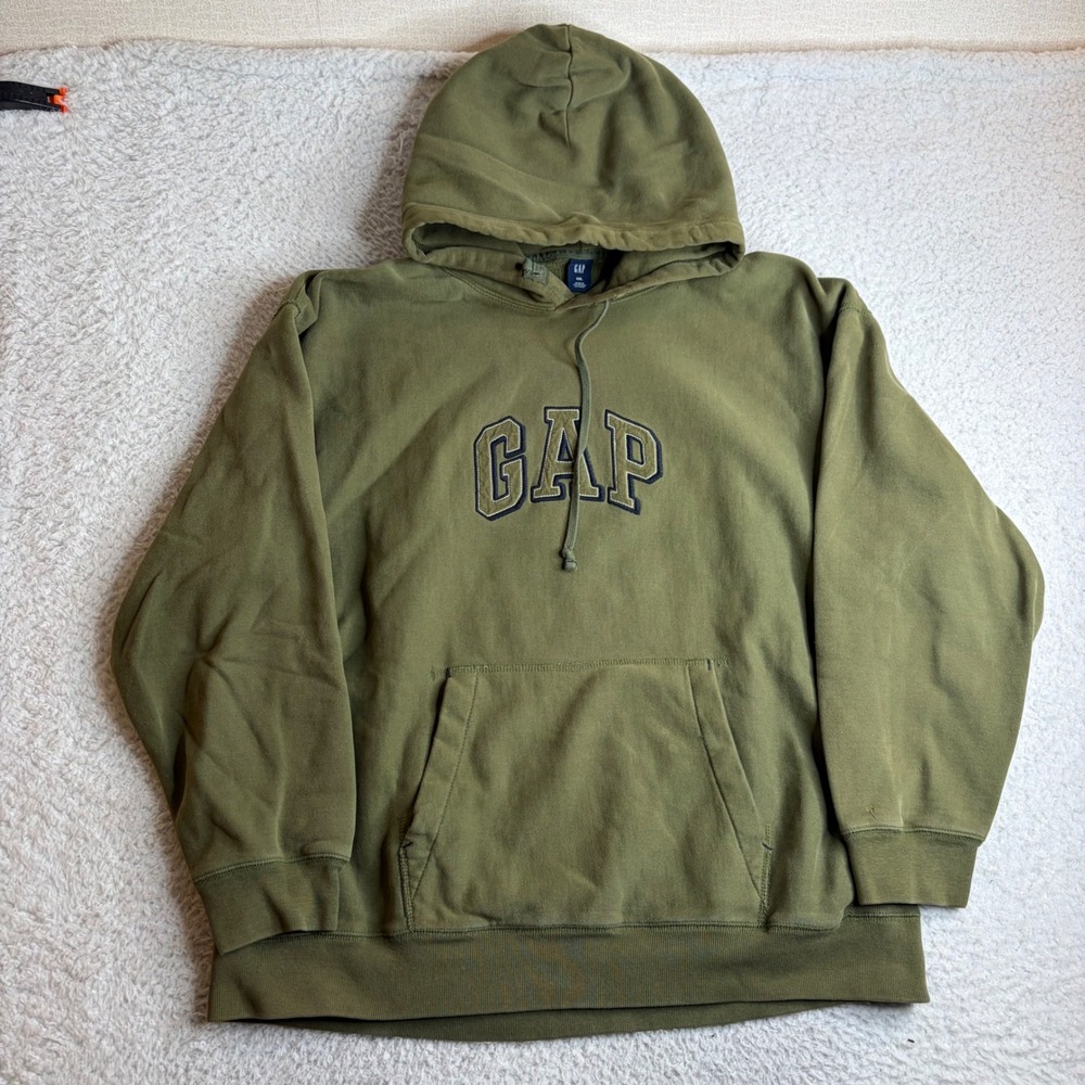 Gap Vintage Mens XXL Olive Green Embroidered Pullover Hoodie Heavy Faded Boxy